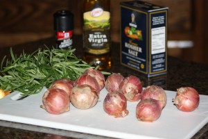 Shallots ready to be peeled in the front, fresh rosemary in back. Oh, the aroma!!